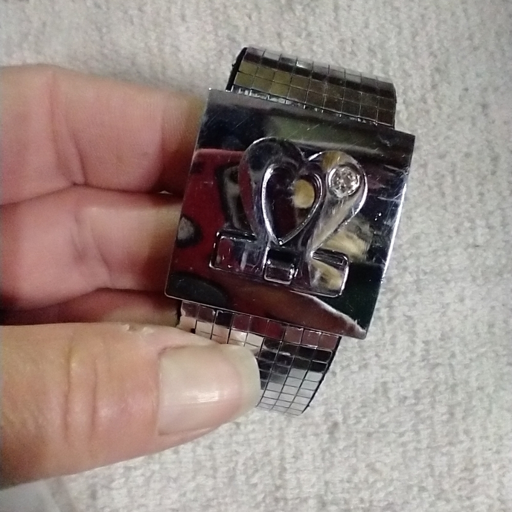 Silvertone black faux leather mirror heart crystal bracelet